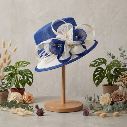 Stunning Royal blue with white trim hat, on stand