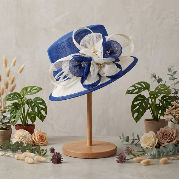 Royal Blue Sinamay Hat with White Trim