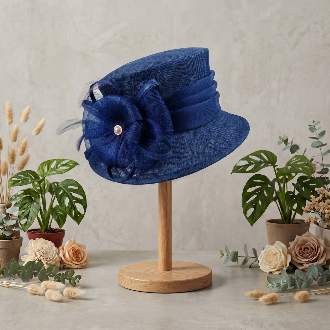Navy Hat with Flower Trim - pre order 2 weeks