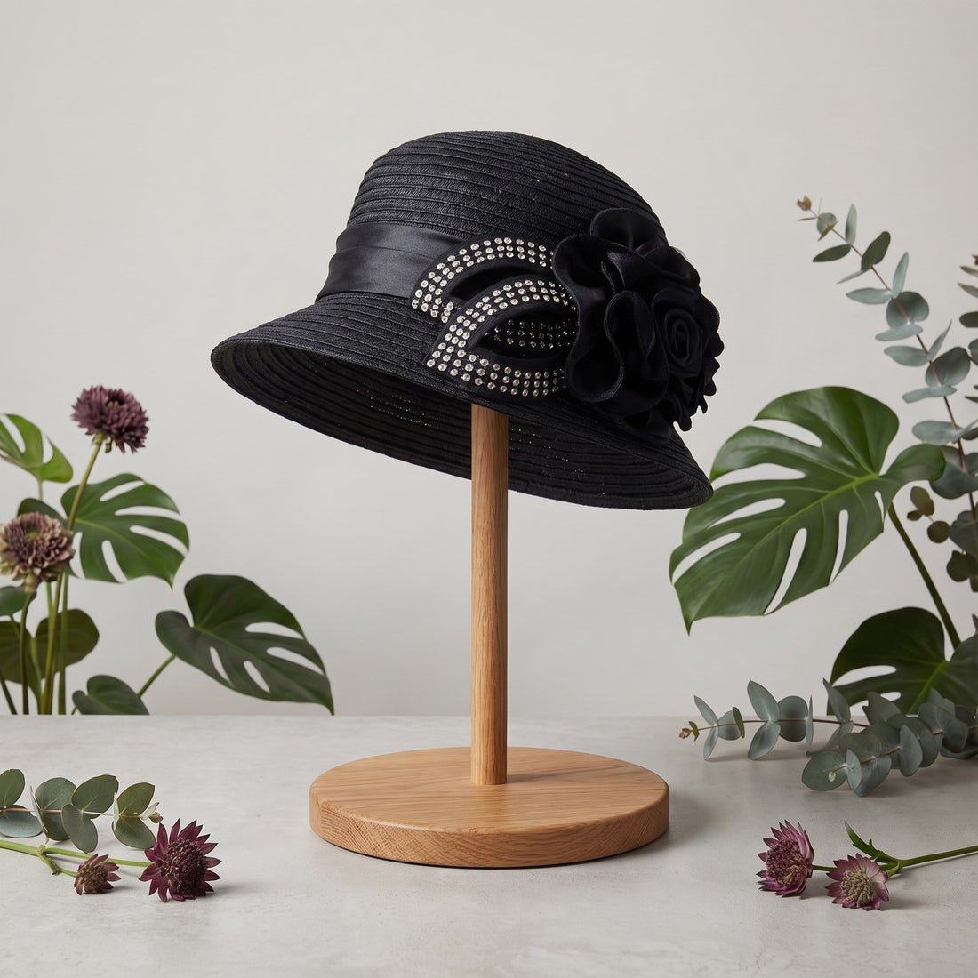 Black Sinamay Hat with Bling Trim
